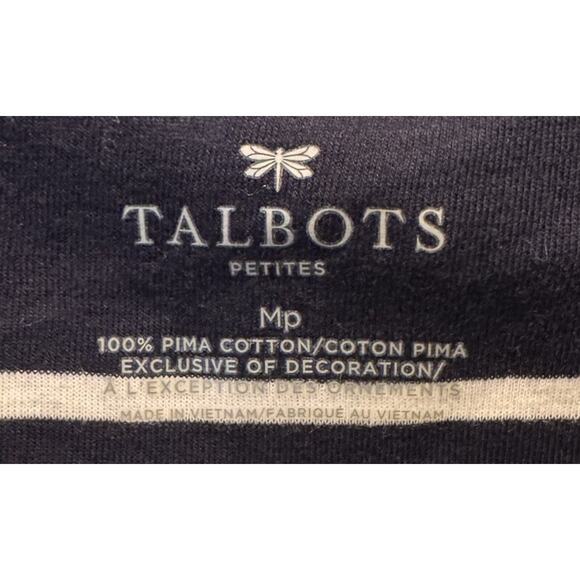 NWT Talbots Women's Petite M T-Shirt 100% Pima Cotton Navy Striped Embroidered - Picture 2 of 4